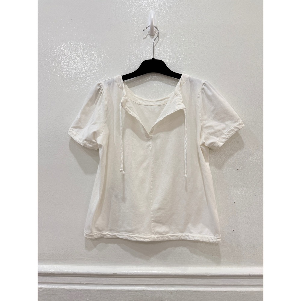 Allison Izu Top Womens 2 White Excellent Pima Cotton Tie Neck Puff Sleeve Blouse